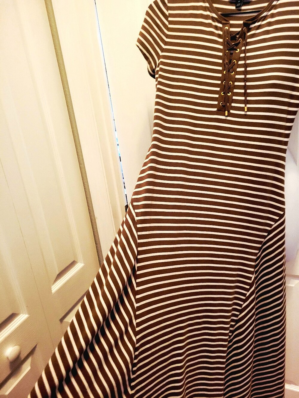 Lauren Ralph Lauren Brown and Cream Striped Short Sleeve Maxi Dress